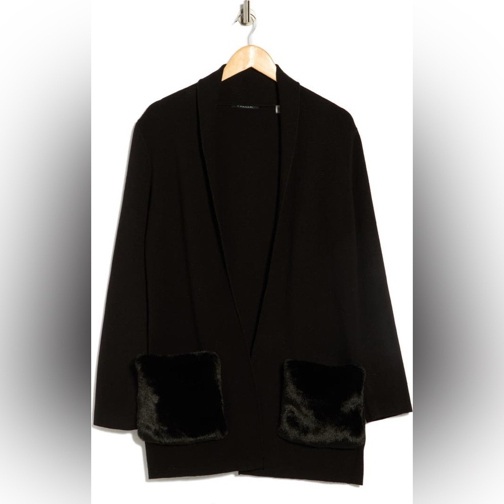 🆕 T Tahari Black Open-Front Cardigan with Faux Fur Pockets (Size Small) - NWT - Picture 3 of 6